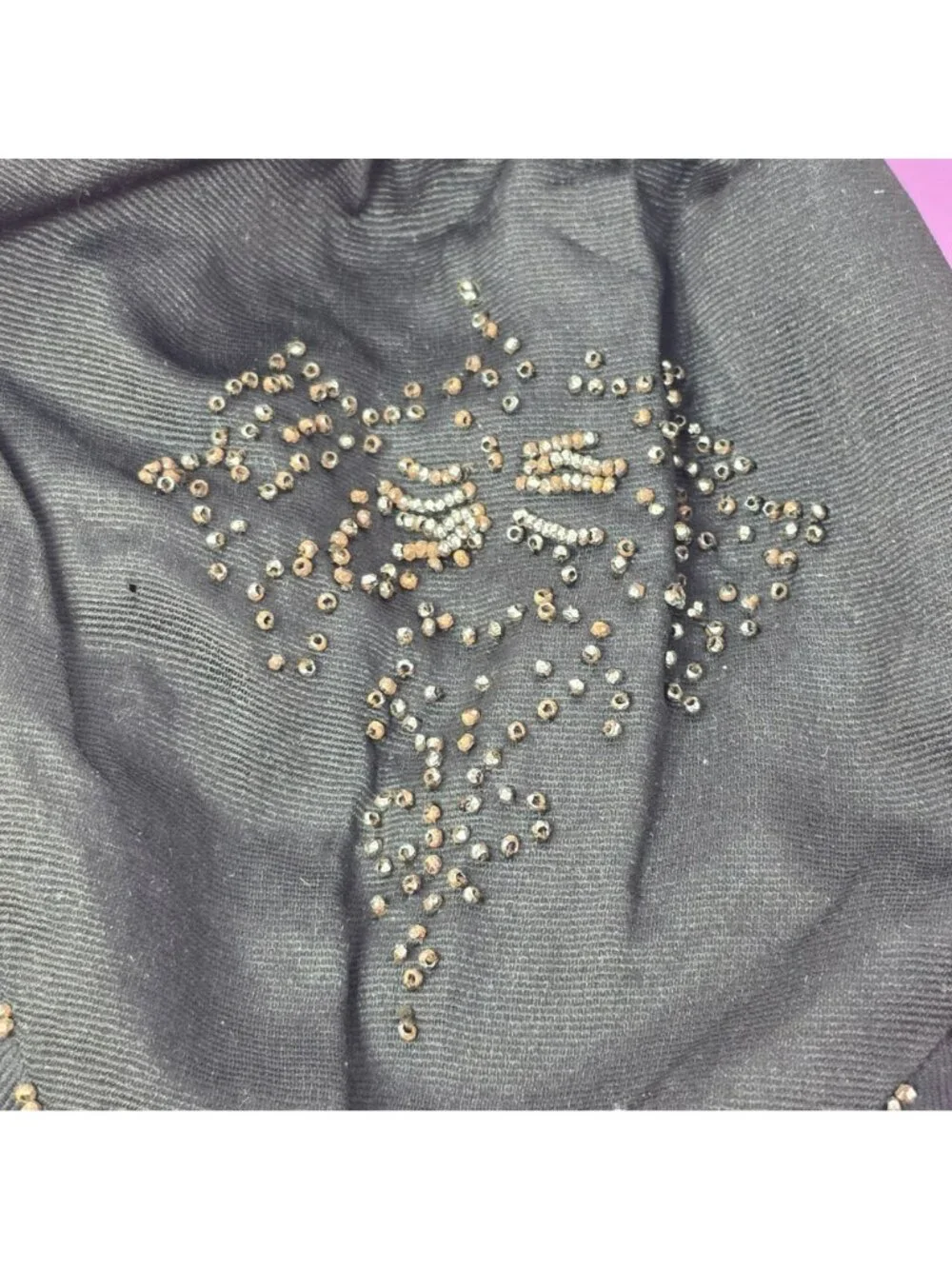 Antique Black Drawstring Beaded Purse Tassel & Rhinestone Detailing  Vintage Bag